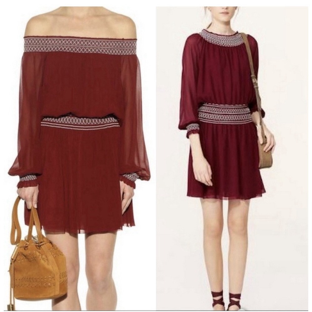 Tory Burch Indie‎ Boho Silk Georgette Off-The-Shoulder Mini Dress Size 14